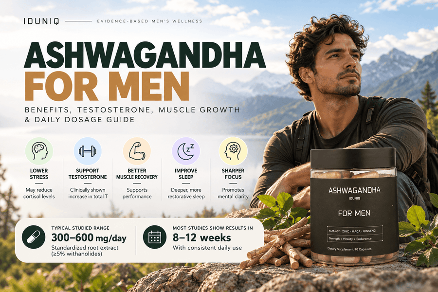 IDUNIQ For Men natural ashwagandha supplement with KSM-66, Zinc, and Maca for performance and strength. 90 Capsules