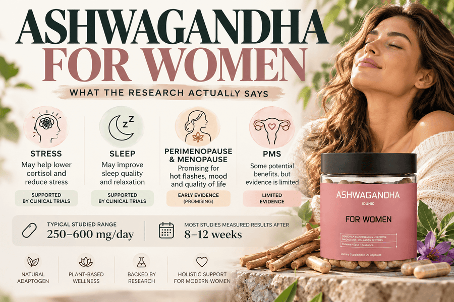 IDUNIQ Ashwagandha FOR WOMEN supplement with pink label featuring Sensoril, Saffron, Magnesium, and Collagen. Styled on marble with raw saffron threads and rose petals for holistic wellness contex