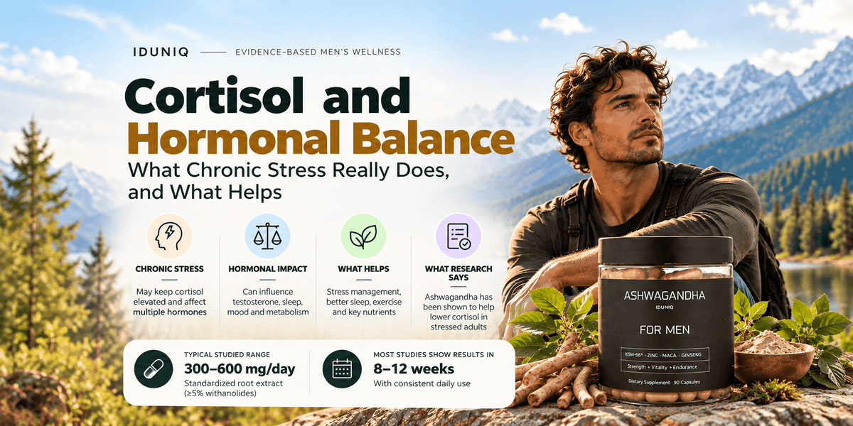 A calm, minimalist wellness setup featuring a digital tablet displaying human endocrine charts next to an IDUNIQ supplement bottle and herbal tea, representing clinical hormonal health.