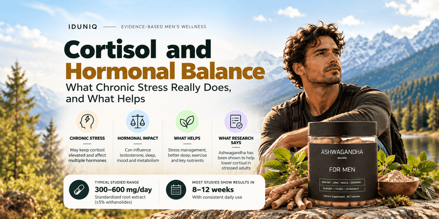 A calm, minimalist wellness setup featuring a digital tablet displaying human endocrine charts next to an IDUNIQ supplement bottle and herbal tea, representing clinical hormonal health.