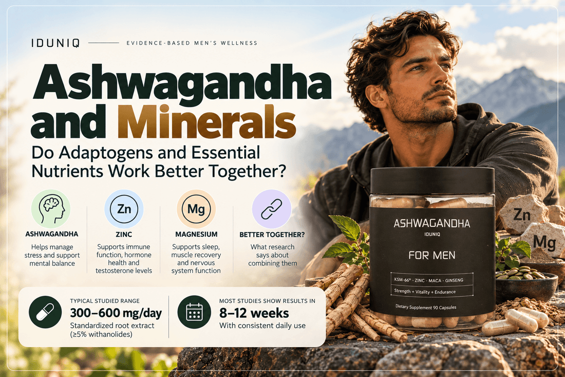 Flat lay of raw Ashwagandha root, magnesium flakes, and zinc crystals on a marble surface, illustrating the synergy of adaptogens and minerals for cellular vitality.