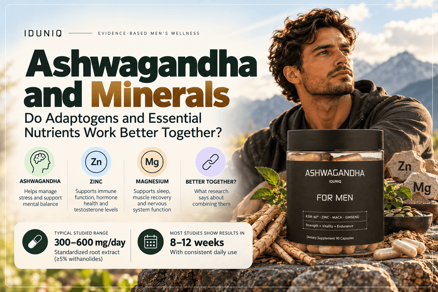 Flat lay of raw Ashwagandha root, magnesium flakes, and zinc crystals on a marble surface, illustrating the synergy of adaptogens and minerals for cellular vitality.