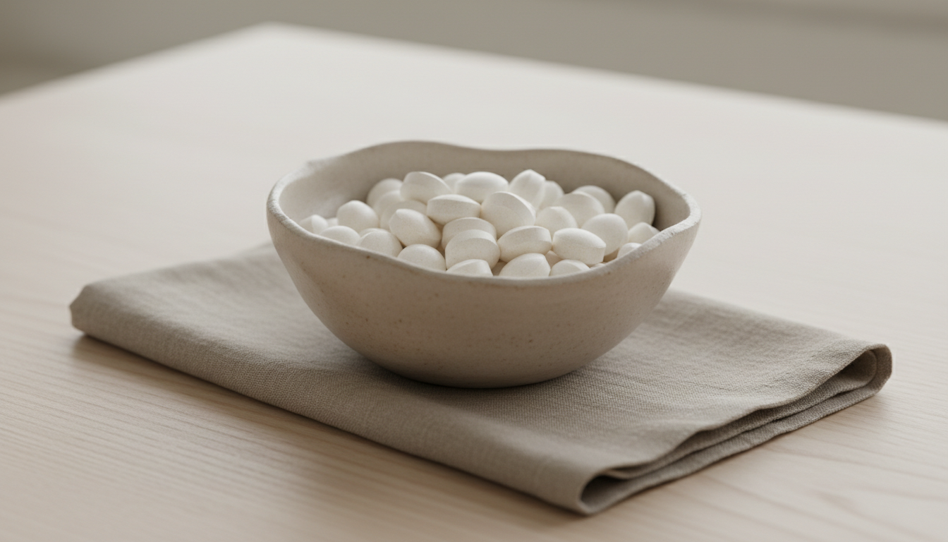 A delicate, hand-thrown pottery bowl filled with pale, rounded supplement tablets, resting atop a subtly textured linen napkin in a soft taupe tone. Placed on a minimalist wooden table with visible, finely-grained texture, the scene is illuminated by tranquil, overcast daylight diffusing evenly across the surface, creating gentle highlights and muted shadows. The background fades into creamy, unobtrusive blur. The composition is intimate, with a close-up, shallow depth of field accentuating the tactile qualities of the materials, highlighting the quiet luxury and evidence-led approach to wellness.