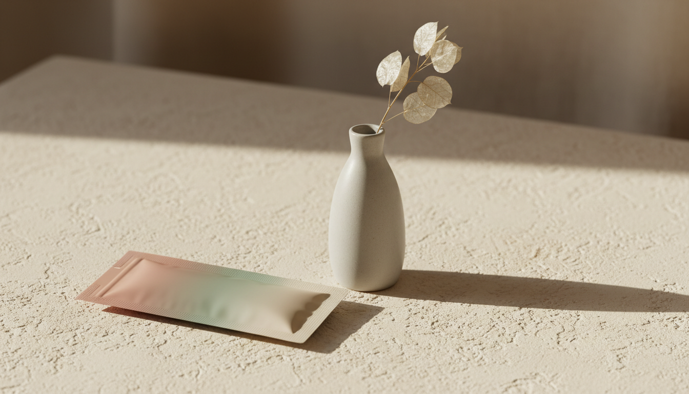 A premium wellness supplement sachet in smooth matte packaging, artfully placed beside a slender ceramic vase containing a single dried lunaria stem. Both objects rest on a warm, off-white plaster surface, with the sachet’s subtle muted gradient catching ambient soft afternoon sunlight. The arrangement leaves ample negative space, with the composition forming a pleasing asymmetrical balance. The shallow background is softly blurred, reinforcing a contemplative, calm atmosphere. Photographic minimalism and elegantly understated details convey a mindful and elevated brand identity.