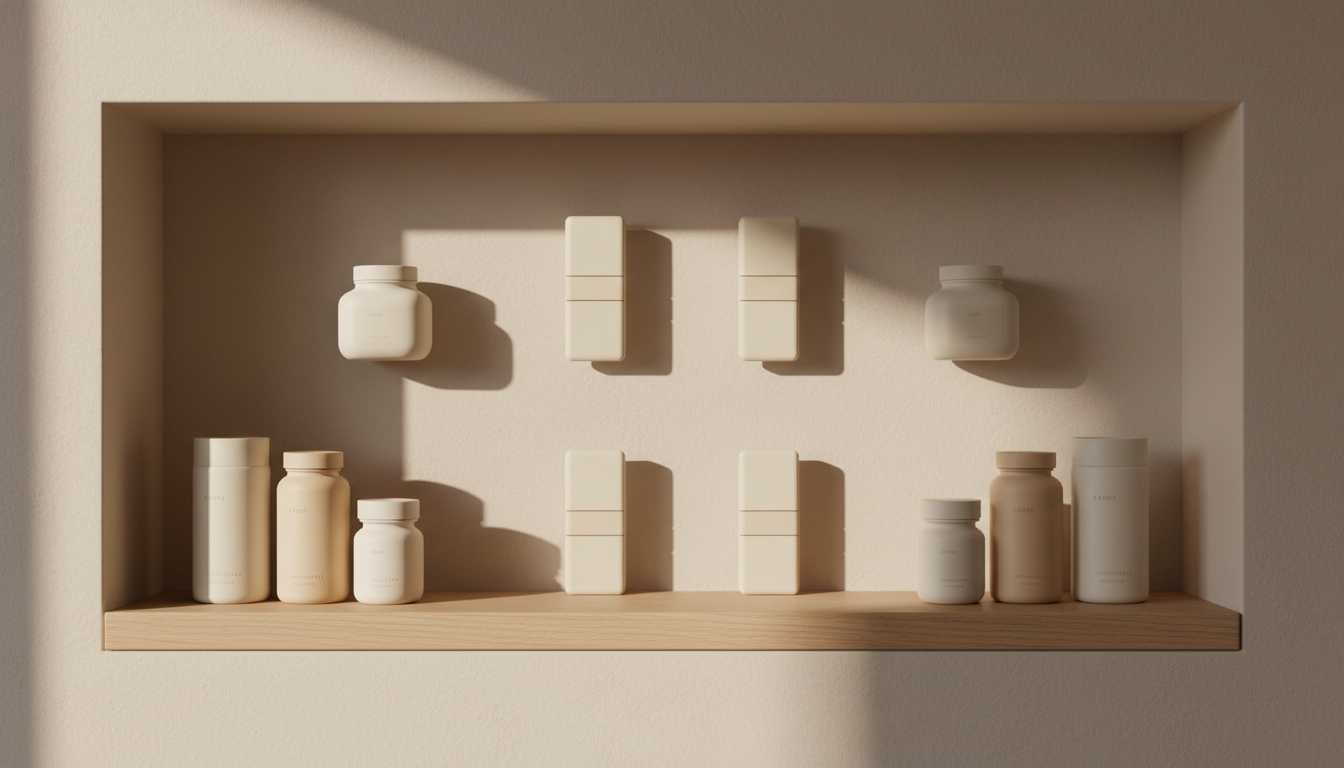 A collection of wellness supplement bottles and minimalist pill organizers in muted cream and sand tones, arranged symmetrically on a smooth, light oak shelf built into a softly lit neutral wall alcove. Gentle midday sunlight filters in, producing delicate shadow gradients and lending a hushed, inviting glow to the scene. The composition employs balanced negative space and a slightly elevated perspective, with each object thoughtfully spaced for a harmonious, curated effect. The photographic realism and understated elegance express a sense of calm order perfectly suited for a sophisticated wellness store.